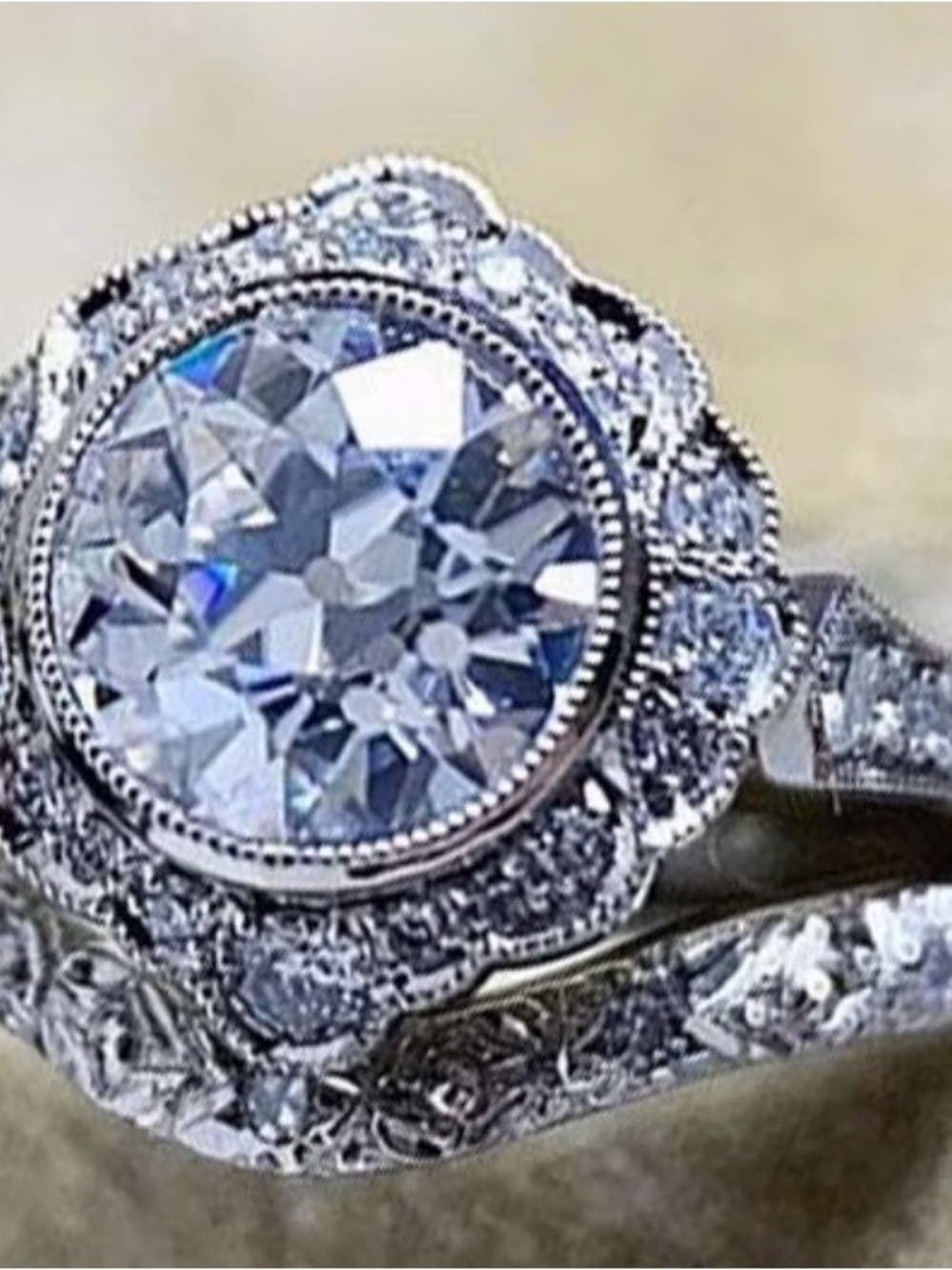 White Round Halo Moissanite Diamond Engagement Ring with Pave Accents size 6, 7